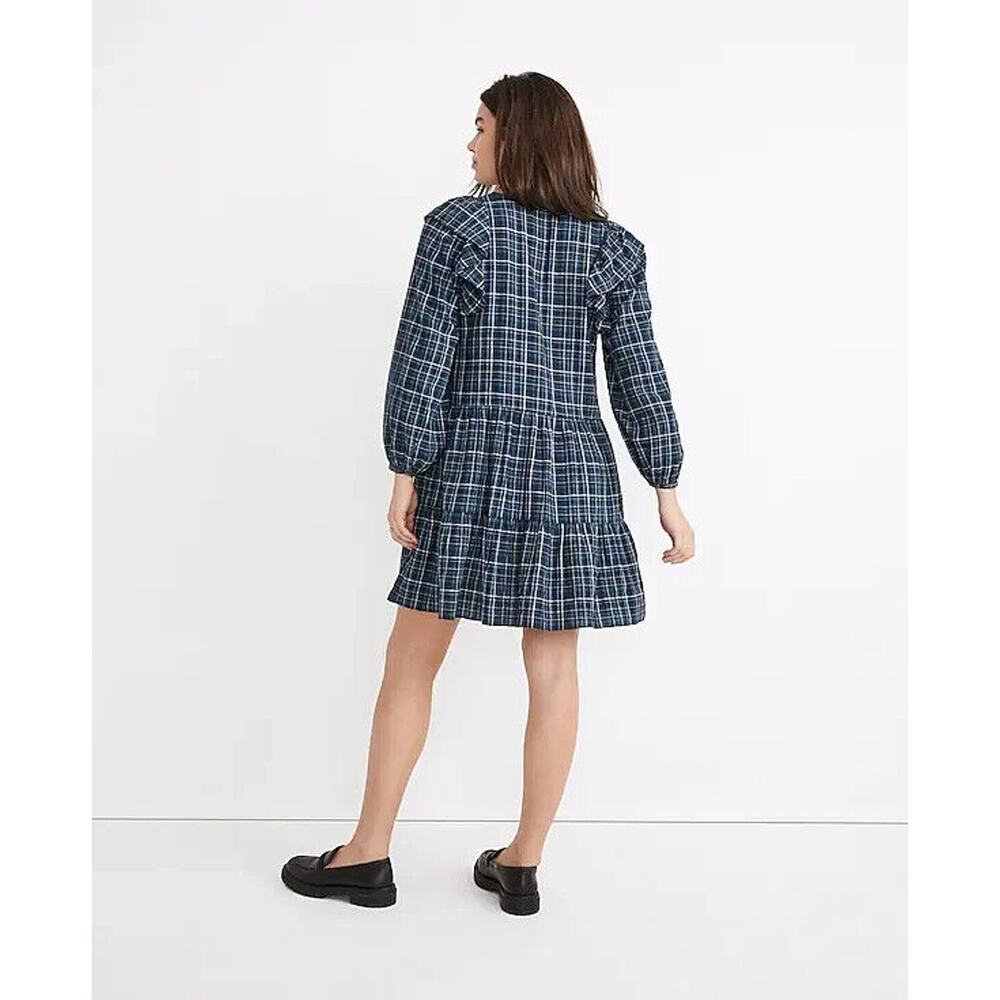 NWT Madewell Women's Gauze Ruffle Trimmed Mini Dress in Deep Indigo Plaid Size L - Picture 2 of 9